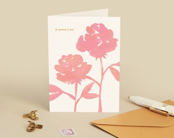 Carte de voeux - message "Je pense à toi" - typographie illustration gouache fleurs roses