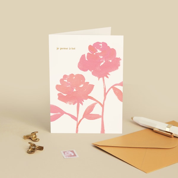 Carte de voeux - message "Je pense à toi" - typographie illustration gouache fleurs roses