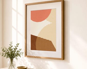 Pink Scandinavian Abstract Print, Brown Stripes Minimalist Wall Art (Unframed)