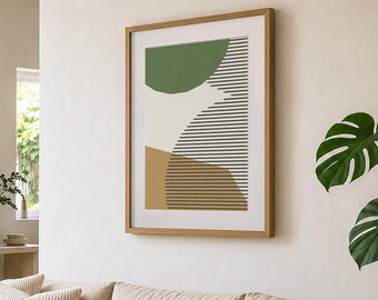 Green Mid-century Modern Print, Earth Tone Stripes Abstract Wall Art (Unframed)