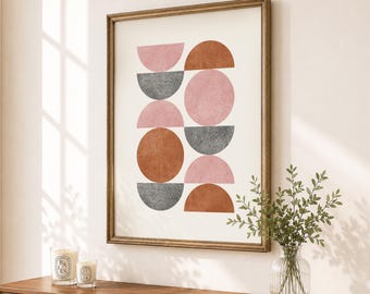 Pink Brown Print, Mid Century Minimalist Abstract Wall Art (Unframed)