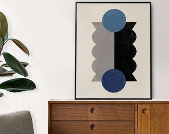 Blue Abstract Office Print, Mid-Century Minimalism, Scandinavian Wall Art (Unframed)
