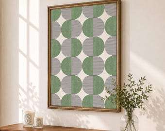 Green Retro Pattern Print, Vintage Motif Mid-century Wall Art (Unframed)