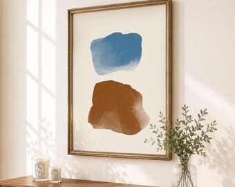 Wabi Sabi Abstract Art Print, Blue Brown Paint Strokes, Minimalist Wall Decor (Unframed)