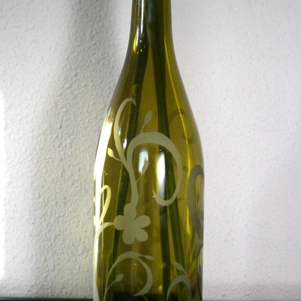 Green Hand Etched Recycled Wine Bottle Vase/Center Piece