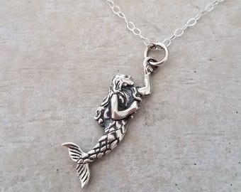 Mermaid Charm Necklace, Sterling Silver Necklace, Tiny Charm Necklace, Layering Necklace, Mermaid Charm