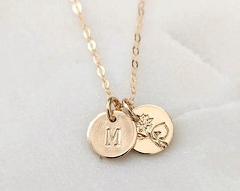 Personalized Birth Flower Necklace, Initial Floral Charm, New Mom Gift