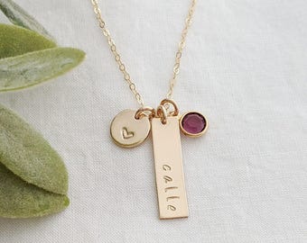Personalized Gold Name Necklace, Custom Name Charm with Birthstone, Personalized Jewelry, The Stamped Life