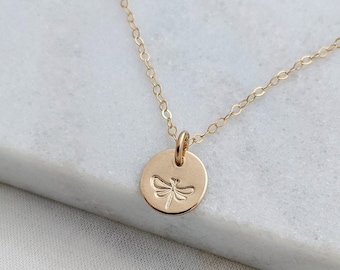 Tiny Dragonfly Necklace, Dragonfly Gift, Sterling Silver or 14k gold fill, Tiny Disc Necklace, The Stamped Life