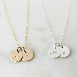 May include: Two delicate necklaces with round pendants. One is gold-toned, the other silver. Each pendant has a small bird engraving and a single initial. The chains are fine and the pendants are small, creating an elegant, minimalist look.