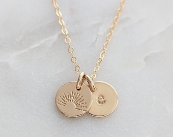 Sunshine Initial Necklace, Personalized Initial Disc, Dainty Gold Necklace