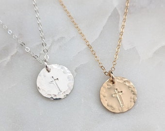 Cross Disc Necklace, Hammered Cross Necklace, Sterling Silver or 14k Gold Fill