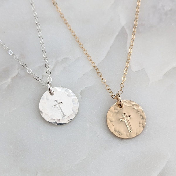 Cross Disc Necklace, Hammered Cross Necklace, Sterling Silver or 14k Gold Fill