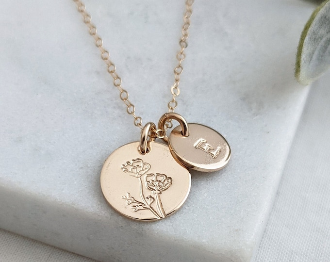 Personalized Initial Necklace, Bloom Where You are Planted Necklace, Gift for Her, Floral Necklace, Motivational Gift, Gold Disc