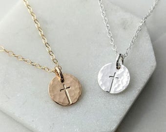 Tiny Cross Necklace, Dainty Cross Charm, 14k Gold Fill or Sterling Silver