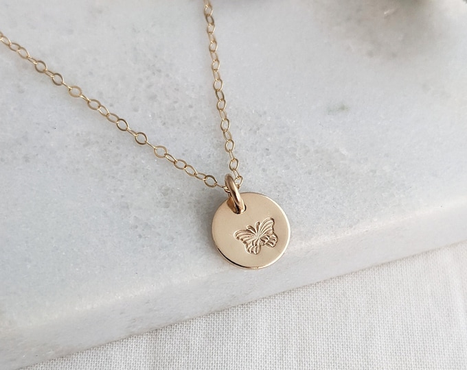 Tiny Butterfly Necklace, Tiny Gold Disc, Butterfly Gift, Gift for Her