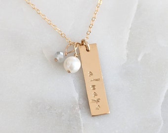 Custom Word Necklace, Personalized Bar Charm, 14k Gold Fill or Sterling Silver