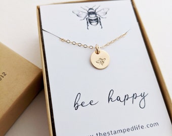 Be Happy Necklace, Bee Charm, Encouragement Gift, Gift for Her, Tiny Bee Charm, Gift Idea, The Stamped Life