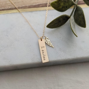 Personalized Memorial Necklace: Gold Name Bar, Angel Wing Charm