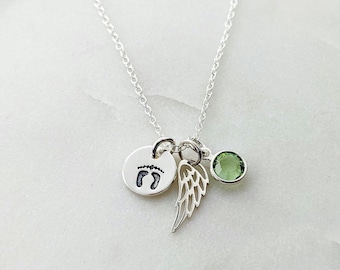 Sterling Silver Baby Loss Necklace: Footprint, Angel Wing & Birthstone