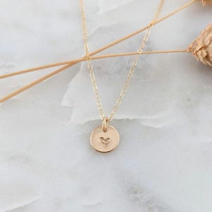 Tiny Heart Disc Necklace: 14k Gold Fill or Sterling Silver Delicate Jewelry