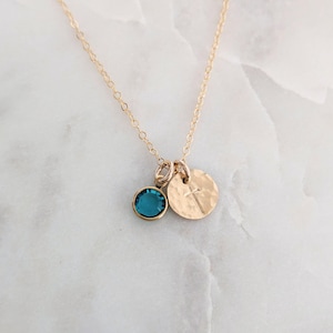 Dainty Gold Cross Necklace with Birthstone Crystal