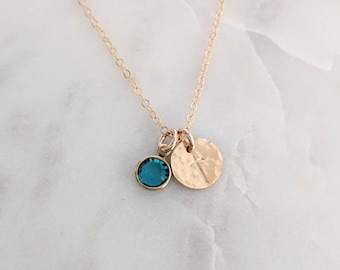 Dainty Gold Cross Necklace with Birthstone Crystal