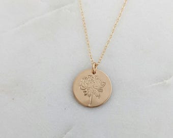 Chrysanthemum Necklace: November Birth Flower, Sterling Silver or 14k Gold Filled