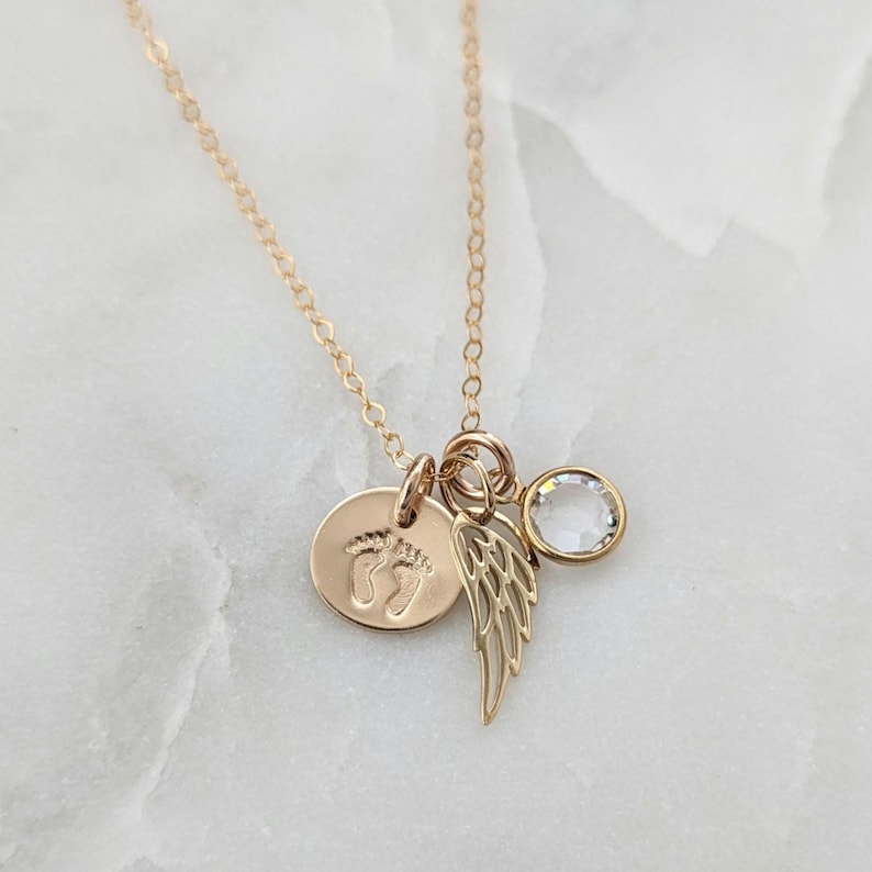 Infant loss necklace, Gold necklace with footprint charm, wing and custom birthstone
