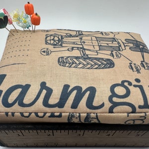 Vintage inspired yardstick pincushion. Large Sewing pin cushion with custom sewing pins 1950 tractor with the words farm girl some what image 5