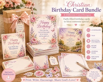 May include: A Christian birthday card bundle featuring six designs with floral and butterfly illustrations. The set includes greeting cards, recipe cards, journal pages, mini note cards, tags, and die cuts, all decorated with pink and purple flowers.