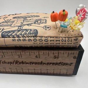 Vintage inspired yardstick pincushion. Large Sewing pin cushion with custom sewing pins 1950 tractor with the words farm girl some what image 2