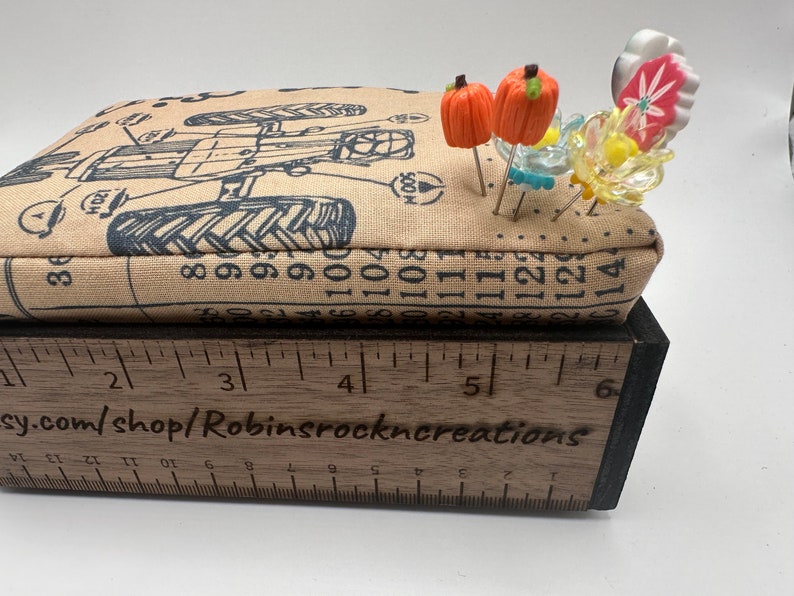 Vintage inspired yardstick pincushion. Large Sewing pin cushion with custom sewing pins 1950 tractor with the words farm girl some what image 2