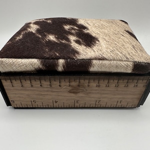Vintage inspired yardstick pincushion. Large Sewing pin cushion with custom sewing pins! Cow print brown and cream