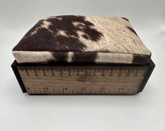 Vintage inspired yardstick pincushion. Large Sewing pin cushion with custom sewing pins! Cow print brown and cream