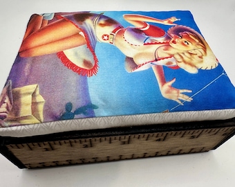 Handmade (vintage looking) yardstick pincushion. Sewing pin cushion with custom sewing pins! Pinup girl
