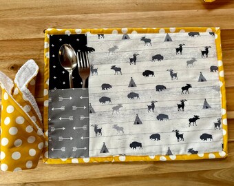 Placemats with silverware holder & washable. Also reversible set of 2