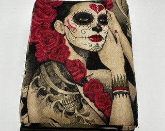 Vintage inspired yardstick pincushion. Large Sewing pin cushion with custom sewing pins! 1950’s  sugar skull ruler Pinup Lady