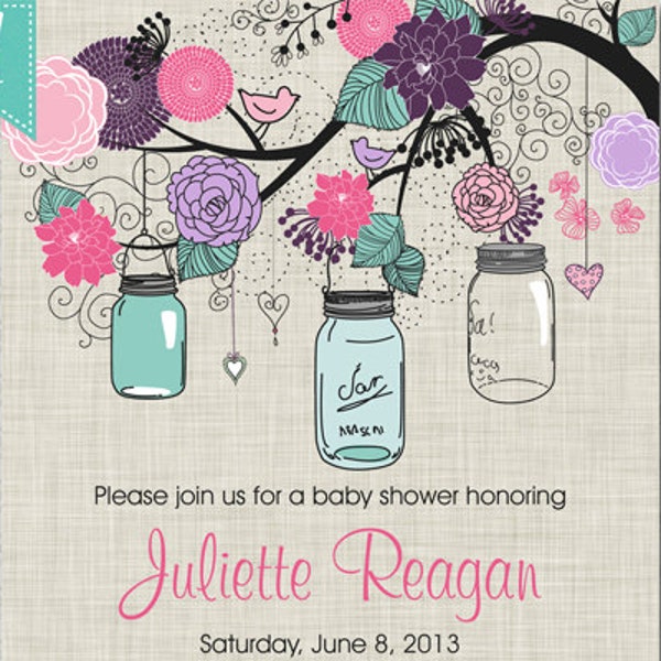 Wedding Invitation Mason Jar Invitation Pink Purple Turquoise Teal on Gray Linen - Birthday - Baby Shower Invitation - Bridal Shower