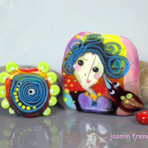 jasmin french ' CURLY girl ' lampwork focal glass art bead set