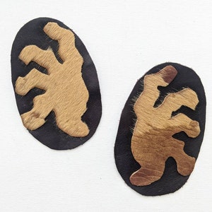 Oval Shaped Dark Brown Leather Earring with Haired Leather Organic Silhouette. Studded.