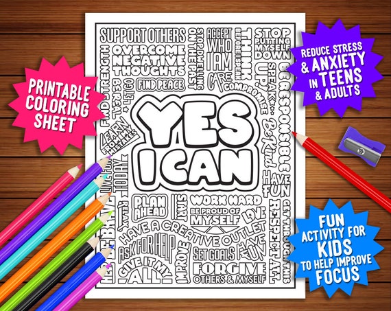 Yes You Can. Cute coloring pages for kids and adults. Motivational