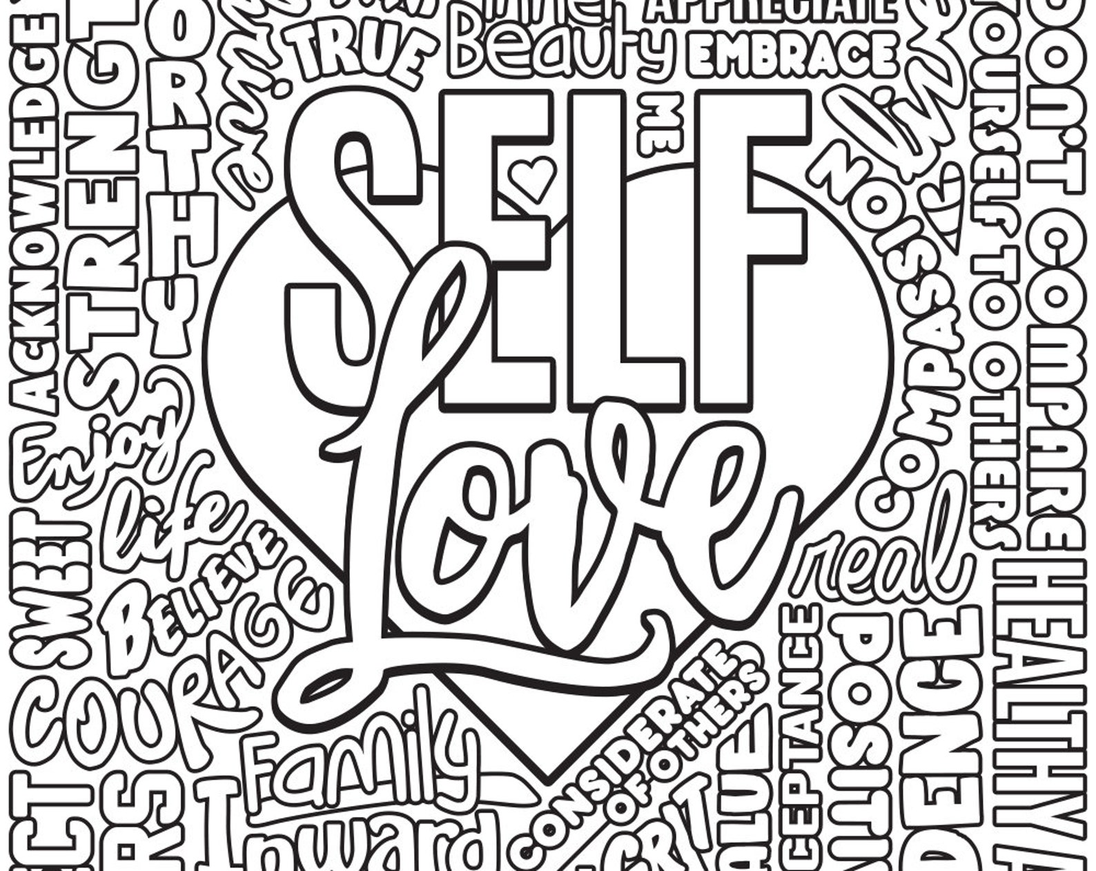 Downloadable SELF LOVE Motivational Quote Coloring Page Etsy