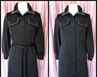 Mod Dress / 70s Mod Black Dress / Andrea Gayle Vintage Dress / fits S / Rhinestone Trim Mod Dress / 70s shirtwaist Dress