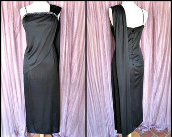 60s Old Hollywood Gown / fits M / Vintage Glamour Gown / One Shoulder Draped Panel Gown / Vintage 60s Gown / Rhinestone trim gown
