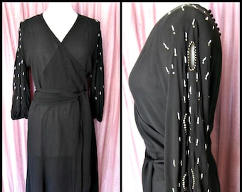 40s Black Crepe Dress / 40s LBD / fits S / 40s Cocktail Dress / 1940s Black Dress / Vintage Black Dress / 40s Beaded Rhinestone Crepe Dress