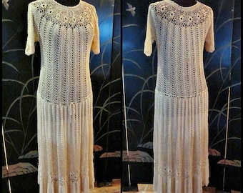 70s Crochet Dress / Vintage Crochet Dress / fits S-L / Ivory Crochet Dress / Bridal Crochet Dress / 70s Silky Crochet Dress
