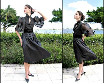 Vintage Halston Silk Skirt / fits S / 70s Halston Double Layer Silk Georgette Skirt / 70s Halston Black Midi Skirt / Vintage Halson skirt