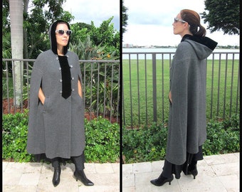 Victorian Inspired Vintage Wool and Velvet Cape / Vintage Cape / OSFM / Romantic Grey Wool and Black Velvet Cape / Hooded Cape