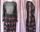 70s silk chiffon 2 piece dress / fits S-M / vintage 70s silk ensemble /  Sheer blouse with ribbon skirt / vintage sheer 2 piece dress